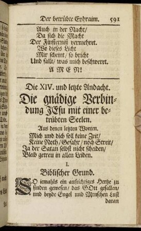 Die XIV. und letzte Andacht. Die gnädige Verbindung Jesu mit einer betrübten Seelen.