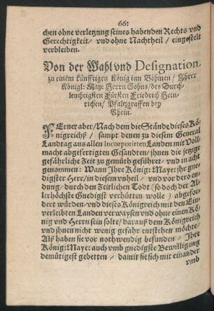 Von der Wahl und Designation zu einem künfftigen König inn Böhmen/...