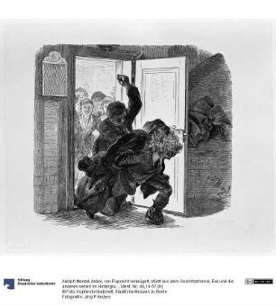 Adam, von Ruprecht verprügelt, stürzt aus dem Gerichtszimmer, Eve und die anderen sehen im Hintergrund zu, zu Heinrich von Kleist "Der Zerbrochene Krug"