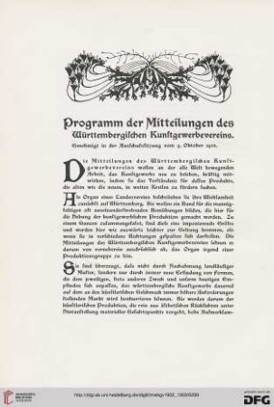 Programm der Mitteilungen des Württembergischen Kunstgewerbevereins