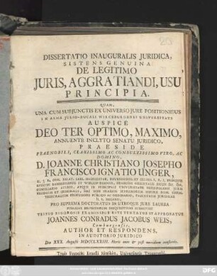 Dissertatio Inauguralis Juridica, Sistens Genuina De Legitimo Juris, Aggratiandi, Usu Principia