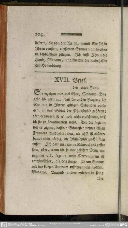 XVII. Brief. den 18ten Junii