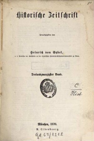 Historische Zeitschrift : HZ. 23. 1870