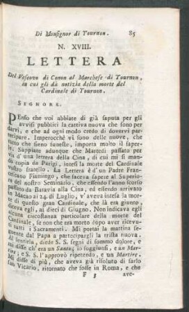 N. XVIII. Lettera del Vescovo di Conon al Marchese di Tournon, in cui gli dà notizia della morte del Cardinale di Tournon.