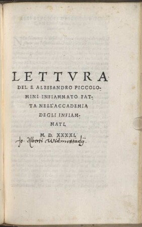 Lettvra Del S. Alessandro Piccolomini Infiammato Fatta Nell'Accademia Degli Infiammati