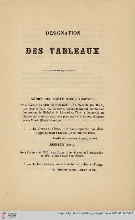 Designation des tableux (Nr.1-213)