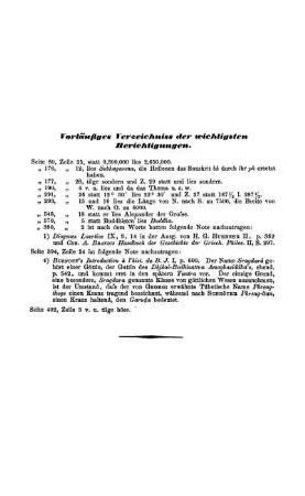 Vorläufiges Verzeichniss der wichtigsten Berichtigungen