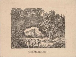 Das Felsentor Kuhstall auf dem Neuen Wildenstein zwischen Schmilka und dem Kirnitzschtal in der Sächsischen Schweiz mit Ausschank, aus Richters "Andenken an die Sächsische Schweiz..."