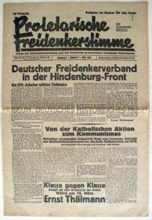 Kommunistische Monatszeitung "Proletarische Freidenkerstimme" u.a. zur Reichspräsidentenwahl