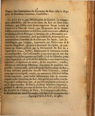 Sentence Du Chastelet De Paris, Qui condamne trois Ecrits imprimés, ayant pour titre; le premier, Mandement de Moseigneur l'Évêque de Saint Pons; le second, Mandement de Monseigneur l'Évêque d'Auxerre; & le troisieme, Mandement de Monseigneur l'Evêque de Troyes, à être lacérés & brûlés ... : Extrait Des Registres Du Chastelet. Du Vendredi dix-neuf Novembre mil sept cens cinquante-six