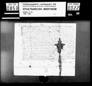Paul Burgemeister, Vogt zu Alzey, bekennt, dass ihm Graf Heinrich zu Löwenstein (Lewenstein), Herr zu Scharfeneck (Scharpfeneck), einen Teil des Zehnten zu Uelversheim (?, Ulbersheim) bei Alzey verliehen hat. Inseriert ist der Lehensbrief vom gleichen Tag.