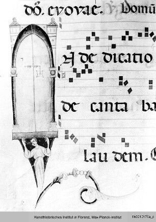 Antiphonar : Textseite mit Miniatur in der Randleiste: Geschlossenes Tor des Tempels auf Stützfigur