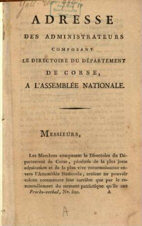 Adresse Des Administrateurs Composant Le Directoire Du Departement De Corse, A L'Assemblée Nationale