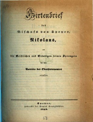 Hirtenbrief für das Bistum Speyer, 1842