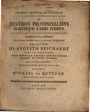 Selecta quaedam ad materiam de statibus provincialibus eorumque variis iuribus : Partic. I.
