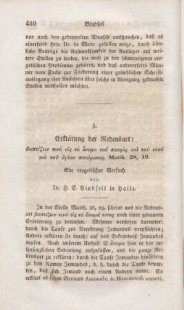 410-417 Erklärung der Redensart Baptizein tina eis to onoma tu patros kai tu hyiu kai tu hagiu pneumatos (Matth. 28,19) : ein exegetischer Versuch