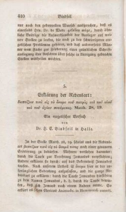 410-417 Erklärung der Redensart Baptizein tina eis to onoma tu patros kai tu hyiu kai tu hagiu pneumatos (Matth. 28,19) : ein exegetischer Versuch