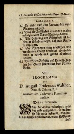 VIII. Programma quo D. August. Fridericus Walther, Anat. & Chirurg. P. P. Anatomiam Cadaveris Foeminini indicit.