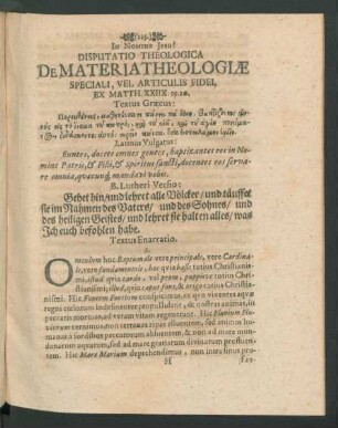 Disputatio Theologica De Materia Theologiae Speciali, vel Articulus Fidei