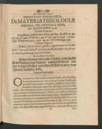Disputatio Theologica De Materia Theologiae Speciali, vel Articulus Fidei
