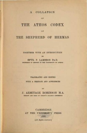 A collation of the Athos Codex of the shepherd of Hermas