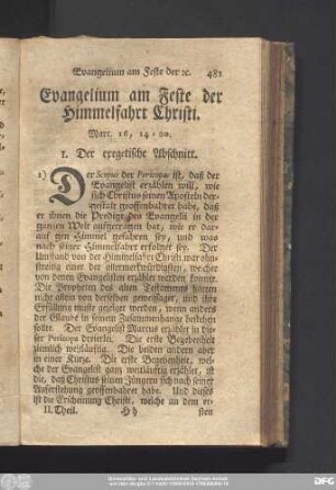 Evangelium am Feste der Himmelfahrt Christi. Marc. 16, 14 - 20.