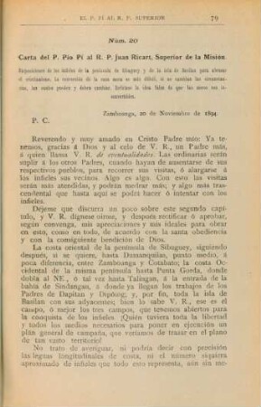 Núm. 20. Carta del P. Pío Pí al R. P. Juan Ricart, Superior de la Misión