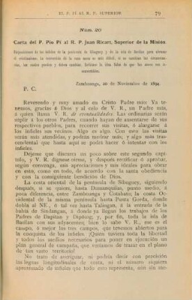 Núm. 20. Carta del P. Pío Pí al R. P. Juan Ricart, Superior de la Misión