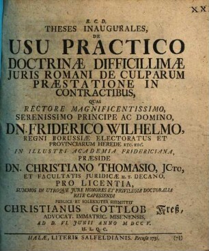 Theses Inaugurales, De Usu Practico Doctrinae Difficillimae Juris Romani De Culparum Praestatione In Contractibus