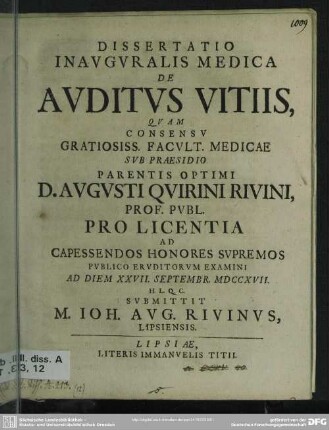 Dissertatio Inauguralis Medica De Auditus Vitiis
