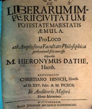 De liberarum Imperii civitatum potestate majestatis aemula