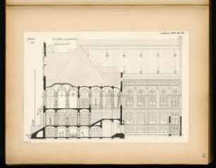 Ausstellungsgebäude Monatskonkurrenz Februar 1879: Längsschnitt mit Aufriss Seitenflügel-Hofansicht; Maßstabsleiste