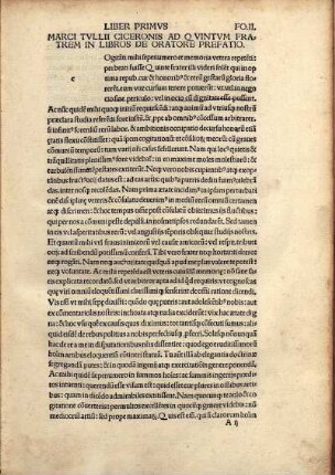 LIBER PRIMVS. MARCI TVLLII CICERONIS AD QVINTVM FRATREM IN LIBROS DE ORATORE PREFATIO.