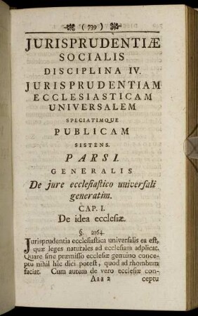 Jurisprudentiæ Socialis Disciplina IV. Jurisprudentiam Ecclesiasticam Universalem Speciatimque Publicam Sistens.
