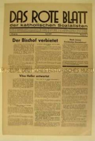 Religiös-sozialistische Monatszeitung "Das rote Blatt der katholischen Sozialisten" mit Polemik gegen die Jugendweihen der Freidenker