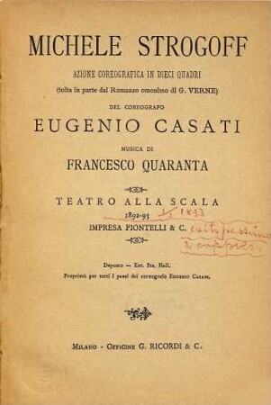 Michele Strogoff : azione coreografica in dieci quadri ; Teatro alla Scala, 1892 - 93