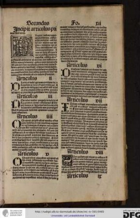 Incipit articulus primus libri tertii.