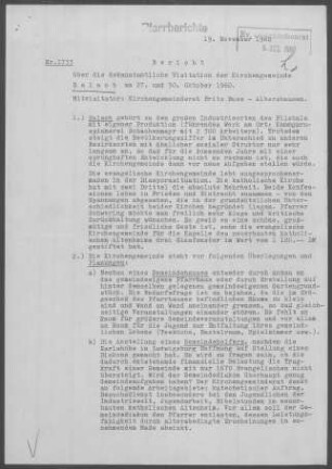 Salach: Visitationsbericht mit Pfarrbericht 1960