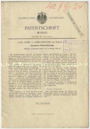 Patentschrift einer hydraulischen Wirtschaftswaage, Patent-Nr. 41021