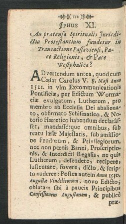 §phus XI. An praetensa Spiritualis Iurisdictio Protestantium fundetur in Transactione Passaviensi, ...