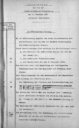 Uebersicht der von der Stadtverordneten-Versammlung am 10. Februar 1897 gefassten Beschlüsse., 10. Februar 1897