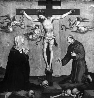 Christus am Kreuz, von Maria und dem Heiligen Franziskus verehrt