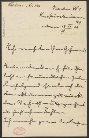Brief an Ludwig Strecker  und B. Schott's Söhne : 18.09.1911