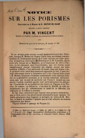 Notice sur les porismes, observations sur le mémoire de M. Breton de Champ relatif à cette théorie, [1]