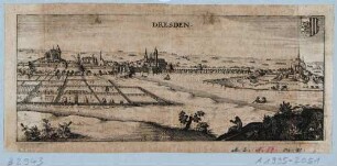 Stadtansicht von Dresden, Blick von Osten über Gärten der Pirnaischen Vorstadt auf Altstadt, Elbe und Neustadt