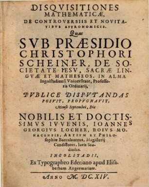Disquisitiones Mathematicae, De Controversiis Et Novitatibus Astronomicis