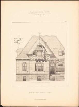 Villa: Grundriss, Ansicht (aus: Samml. architekt. Entwürfe d. Studierenden der TH Berlin, 1881-1882, hrsg.v. Herrmann Ende)