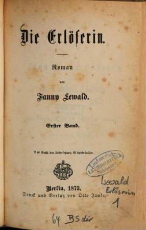 Die Erlöserin : Roman von Fanny Lewald, 1