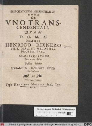 Exercitationum Metaphysicarum Nona De Uno Transcendentali