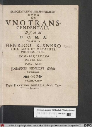 Exercitationum Metaphysicarum Nona De Uno Transcendentali